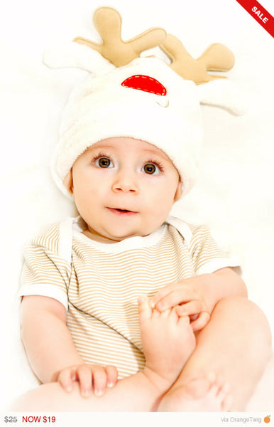 White Fur Knit Baby Hat with Bunny Ears and Brown Antlers